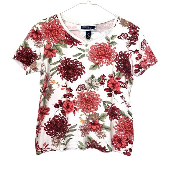Karen Scott Floral Tropical Short Sleeve Cotton Blend Henley T-shirt Size PM - Picture 1 of 4
